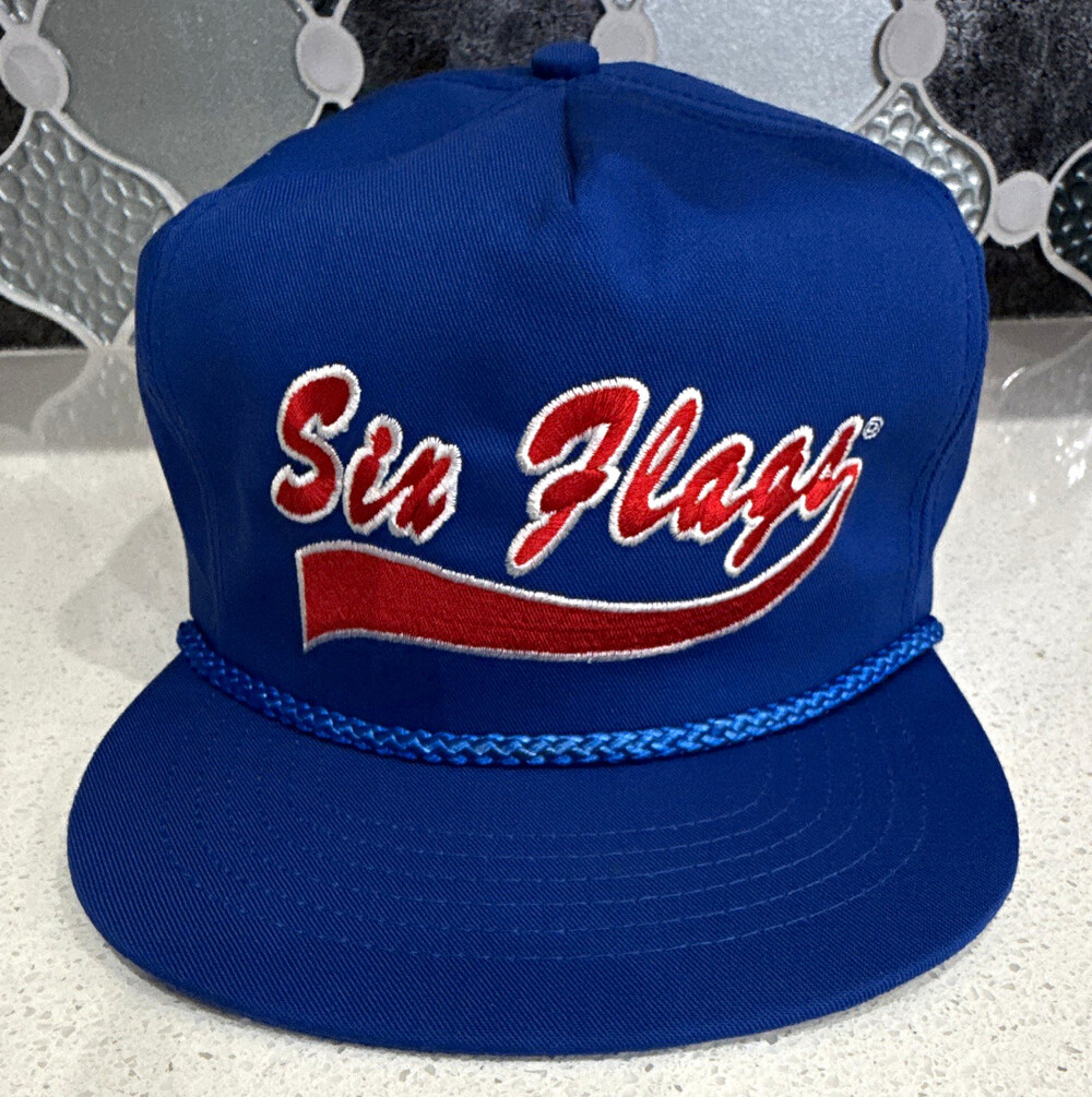 Vintage 90s Six Flags Theme Park Hat Blue Rope Cap Time Warner Taiwan Strapback